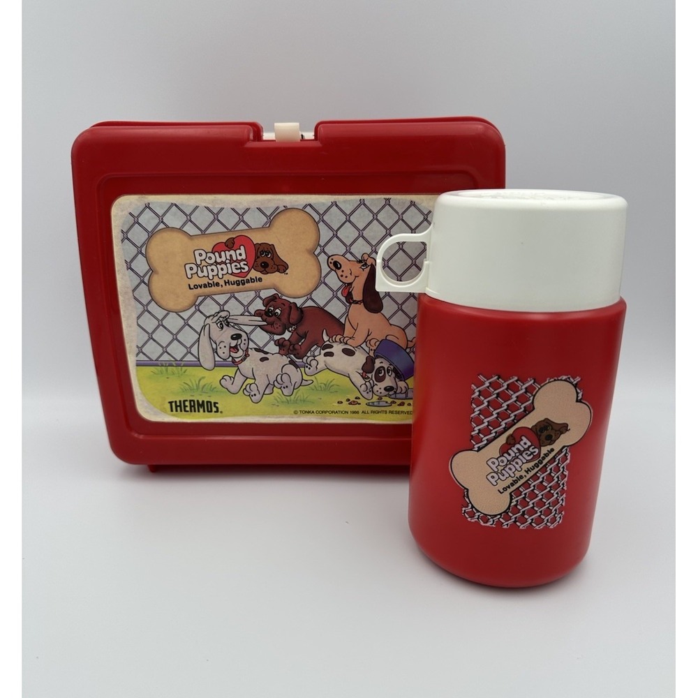 Vintage Pound Puppies Red Plastic‎ Lunch Box & Thermos 1986 Tonka Corporation